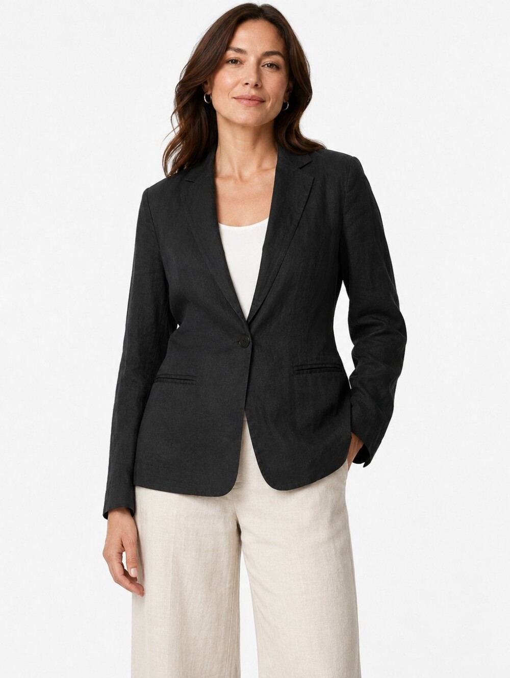 Eileen Fisher Black Linen Blend One-Button Blazer Women's Size 12 Jacket